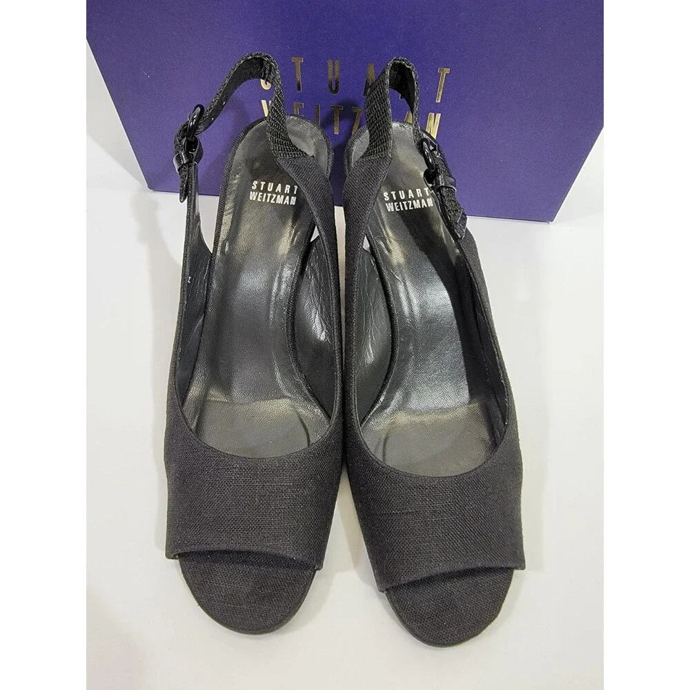 Stuart Weitzman 10 Beltitout Black Linen Slingback High Heels Pumps Designer EUC